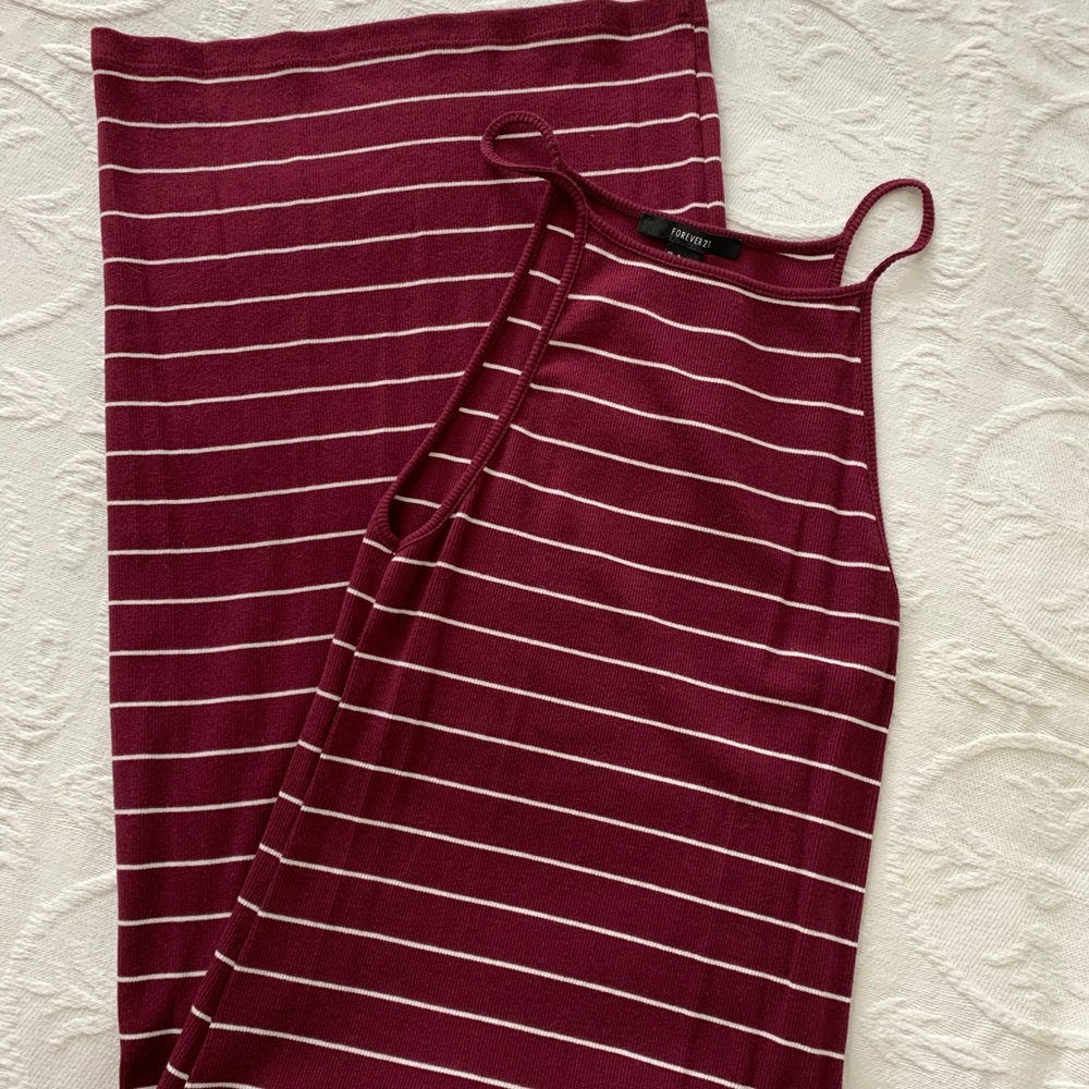 Burgundy and white striped midi bodycon 90s dress